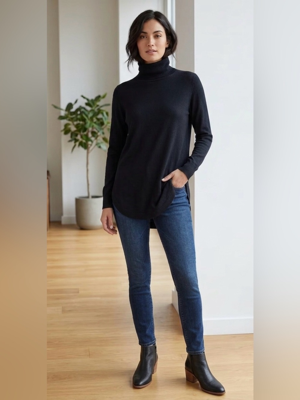 Chelsea28 Black Turtleneck Tunic Sweater Scoop Hem Small Pima Cotton/Cashmere